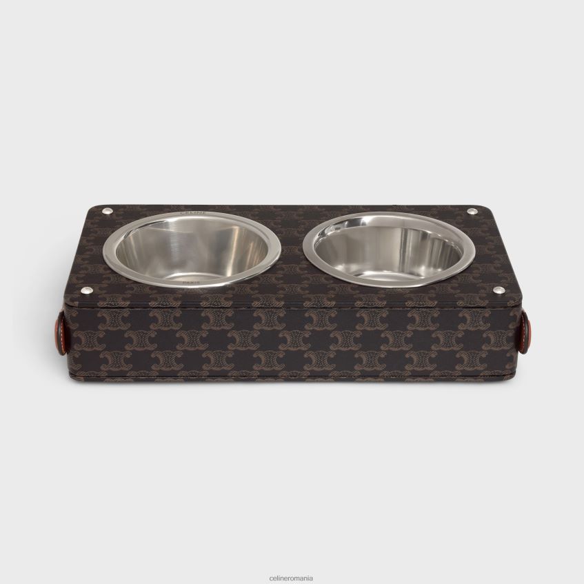 accesorii ro CELINE bărbați bol dublu pentru câini din piele de miel nappa cu imprimeu triomphe pânză și piele de vițel 8R6R601707